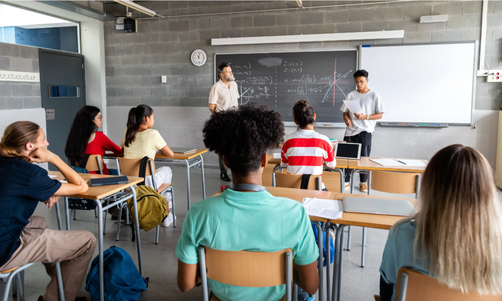 High school students learning math in the classroom.